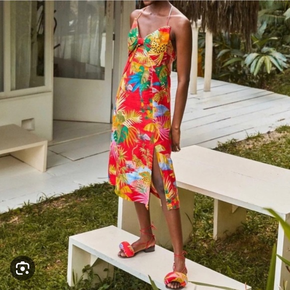 Farm Rio Jungle Bow Dress 100% linen size Small - Picture 1 of 4